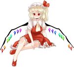  bangs closed_mouth cravat crystal flandre_scarlet frills full_body hat hat_ribbon long_hair mob_cap nanami_natsuki one_side_up red_eyes red_footwear ribbon shoes short_sleeves sitting slit_pupils smile solo touhou white_background wings 