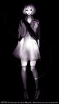  cardigan copyright_request dress monochrome short_hair simple_background smile solo standing takenaka thighhighs watermark 