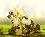  1girl blonde_hair brother_and_sister kagamine_len kagamine_rin kneeling midriff one_eye_closed short_hair shorts siblings sitting smile tsujisaki_(coa3) twins vocaloid 