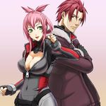  1girl amanda_werner back-to-back bad_id bad_pixiv_id blassreiter blush breasts center_opening cleavage fingerless_gloves gloves green_eyes hermann_salza jacket large_breasts ookuma_(nitroplus) pink_hair red_hair smile sweatdrop unzipped zipper 