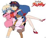  1girl blue_hair carrying couple dress goggles goggles_on_head hetero high_heels kl logo multicolored_hair nia_teppelin princess_carry shoes short_hair simon tengen_toppa_gurren_lagann 