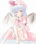  :d ass bare_legs hat looking_at_viewer mob_cap ogu open_mouth puffy_short_sleeves puffy_sleeves red_eyes remilia_scarlet short_hair short_sleeves silver_hair simple_background sitting smile solo thighs touhou white_background 
