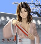  breasts brown_eyes brown_hair cherry_blossoms cleavage duplicate fan idnar japanese_clothes kimono large_breasts shiranui_mai solo the_king_of_fighters 
