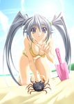  all_fours artist_request beach bikini crab crustacean day grey_eyes long_hair my_merry_may_be reu_(my_merry_may_be) sand silver_hair swimsuit twintails 