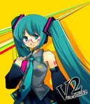  aqua_hair bespectacled glasses hatsune_miku headset long_hair necktie parody persona persona_4 shinia solo twintails vocaloid 