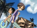  1girl adrian_ferrer ahoge bag bare_shoulders belt black_eyes black_hair cloud copyright_request day dutch_angle from_below glasses house innertube palm_tree self_upload short_hair shorts sky tank_top tree umbrella 