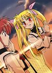  blonde_hair fate_testarossa kida_sougetsu lyrical_nanoha mahou_shoujo_lyrical_nanoha mahou_shoujo_lyrical_nanoha_a's multiple_girls school_uniform seishou_elementary_school_uniform slapping sunset takamachi_nanoha 