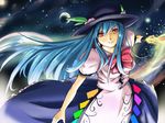  aryus bad_id bad_pixiv_id blue_hair food fruit hat hinanawi_tenshi long_hair peach red_eyes solo sword sword_of_hisou touhou weapon 