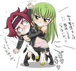  anger_vein angry bangs blush boots c.c. chibi clenched_teeth cobra_twist code_geass detached_sleeves green_hair headband kallen_stadtfeld long_hair miyakodori_takayuki multiple_girls order_of_the_black_knights_uniform panties red_hair short_hair shorts shorts_pull spoilers striped striped_panties submission_hold tears teeth thighhighs translated underwear wrestling yellow_eyes 