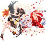  animal_ears black_hair black_wings geta hat inubashiri_momiji leaf multiple_girls ribbon senzi shameimaru_aya short_hair silver_hair skirt tail tengu-geta touhou wings wolf_ears wolf_tail 