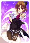  apron brown_hair dress folded_ponytail hat hayate_no_gotoku! highres maria_(hayate_no_gotoku!) mini_hat mini_top_hat necktie outstretched_hand pantyhose red_eyes sesena_yau short_sleeves solo top_hat 