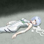  ayanami_rei bad_id bad_pixiv_id bandages blue_hair bodysuit cast injury lying neon_genesis_evangelion on_back pale_skin plugsuit red_eyes san_tarou short_hair solo white_bodysuit 