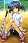  baseball_bat bike_shorts blue_hair clannad mutsuki_(moonknives) one_eye_closed ribbon shoes short_hair shorts sneakers solo sunohara_mei twintails 