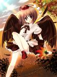  bad_id bad_pixiv_id black_hair black_wings feathers flat_chest geta hat kinoko looking_at_viewer red_eyes shameimaru_aya short_hair skirt solo tengu-geta touhou wings 