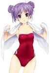  alternate_hairstyle double_bun hiiragi_kagami lucky_star mizuki_makoto non-web_source one-piece_swimsuit purple_eyes purple_hair solo swimsuit towel 