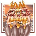  alcohol animal_ears blonde_hair bottle bunny_ears bunnysuit copyright_request goblet green_eyes long_hair miki_(akibin66) multiple_girls pantyhose red_hair wide_hips wine 