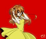  artist_request crazy_eyes dress evil neon_genesis_evangelion red_background red_hair solo souryuu_asuka_langley yellow_dress 