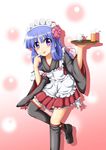  bell blue_hair bow cream furude_rika hairband higurashi_no_naku_koro_ni pink_bow purple_eyes shundou_ryuuto solo thighhighs tongue waitress zettai_ryouiki 