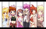  :d ahoge bad_id bad_pixiv_id bare_shoulders blonde_hair blush boshi_(a-ieba) collarbone crop_top fate_testarossa long_hair looking_at_viewer lyrical_nanoha mahou_shoujo_lyrical_nanoha mahou_shoujo_lyrical_nanoha_a's midriff multiple_girls navel no_panties open_mouth pink_eyes pink_hair red_eyes shamal signum smile stomach takamachi_nanoha very_long_hair vita yagami_hayate 