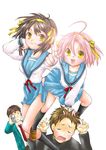  2girls blue_sailor_collar camcorder crossover kita_high_school_uniform kogami_akira kyon lucky_star multiple_boys multiple_girls pointing sailor_collar school_uniform serafuku shiraishi_minoru suzumiya_haruhi suzumiya_haruhi_no_yuuutsu ubizo 