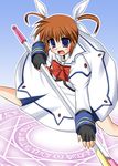  bad_id bad_pixiv_id blue_eyes brown_hair cross_(crossryou) dress gloves hair_ribbon lyrical_nanoha mahou_shoujo_lyrical_nanoha raising_heart ribbon solo takamachi_nanoha twintails 