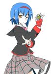  \m/ blue_hair brown_eyes fingerless_gloves gloves little_busters! nishizono_mio plaid sakumo_(karatama) school_uniform short_hair skirt solo yo-yo 