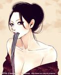  bare_shoulders black_hair copyright_request mouth_hold simple_background solo striped takenaka watermark 