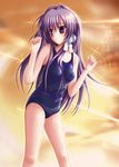  asakura_kaoru clannad fujibayashi_kyou long_hair one-piece_swimsuit purple_eyes purple_hair solo sunset swimsuit 