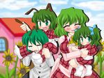  :d akasode_(tyaramu) antennae ascot blush breasts carrying child closed_eyes fang flower green_hair happy if_they_mated kazami_yuuka medium_breasts multiple_girls open_mouth pants plaid plaid_pants plaid_skirt plaid_vest short_hair shoulder_carry shy skirt skirt_set smile socks sunflower tears touhou twintails vest wriggle_nightbug 