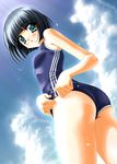  adjusting_clothes adjusting_swimsuit amakawa_akito aqua_eyes black_hair blush cloud copyright_request day from_below looking_at_viewer looking_down one-piece_swimsuit one-piece_tan school_swimsuit short_hair sky solo swimsuit tan tanline triple_vertical_stripe 