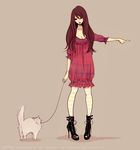 brown_hair cat copyright_request dress full_body high_heels leash long_hair shoes simple_background solo standing takenaka 