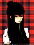  black_eyes black_hair brown_eyes copyright_request freckles hat long_hair looking_at_viewer plaid plaid_background solo takenaka upper_body watermark web_address 