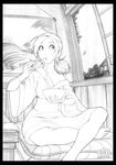  barefoot bowl chopsticks eating food greyscale highres holding holding_bowl holding_chopsticks indian_style japanese_clothes kimono lineart monochrome noodles omar_dogan original sitting solo udon 