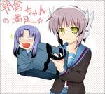  achakura asakura_ryouko bag blue_eyes blue_hair blue_sailor_collar bunny_headphones chibi headphones kita_high_school_uniform multiple_girls nagato_yuki rioshi sailor_collar school_uniform serafuku short_hair silver_hair suzumiya_haruhi-chan_no_yuuutsu suzumiya_haruhi_no_yuuutsu translated 