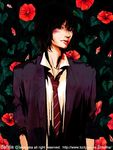  black_eyes brown_hair copyright_request flower formal hibiscus male_focus necktie solo striped suit takenaka watermark 
