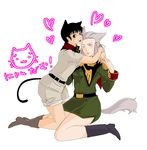  anavel_gato animal_ears artist_request belt black_hair boots brown_eyes cat_ears cat_tail genderswap genderswap_(mtf) gundam gundam_0083 heart hug kneeling kou_uraki military military_uniform multiple_girls one_eye_closed open_mouth pencil_skirt pink_eyes ponytail short_hair shorts silver_hair skirt smile sweatdrop tail uniform wolf_ears wolf_tail 