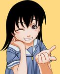  ;d azumanga_daiou black_hair blush brown_eyes grin kamisuki looking_at_viewer one_eye_closed open_mouth pointing pointing_at_viewer simple_background smile solo takino_tomo teeth yellow_background 