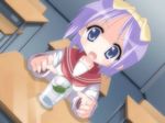  :o blue_eyes blush classroom cup desk drinking_glass dutch_angle game_cg hair_ribbon hiiragi_tsukasa hunter_x_hunter indoors leaf looking_at_viewer lucky_star lucky_star_~ryouou_gakuen_outousai~ non-web_source open_mouth parody purple_hair ribbon ryouou_school_uniform school_desk school_uniform serafuku short_hair sitting solo surprised yoshimizu_kagami 