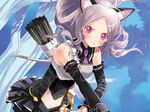  animal_ears arrow artist_request blush bow_(weapon) cat_ears detached_sleeves highres long_hair navel original purple_eyes quiver silver_hair solo weapon 
