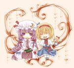  :d alice_margatroid blonde_hair blush book chibi doll full_body grimoire hat heart holding holding_book long_hair looking_at_viewer mob_cap multiple_girls open_mouth patchouli_knowledge purple_eyes purple_hair shanghai_doll shiratama_(mofutto) short_hair size_difference smile touhou very_long_hair yuru 