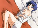  ai_yori_aoshi bed blue_eyes blue_hair blush breasts cleavage lying medium_breasts non-web_source open_clothes open_shirt sakuraba_aoi shirt short_hair solo 