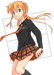  blue_eyes hyakko kageyama_torako kneehighs mizuki_makoto necktie orange_hair plaid plaid_skirt school_uniform skirt socks solo 