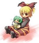  &gt;_&lt; :d blonde_hair bucket chibi closed_eyes fang green_hair happy in_bucket in_container kisume kokka_han kurodani_yamame multiple_girls open_mouth ribbon short_hair smile touhou wooden_bucket xd 