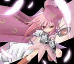  ? artist_request benesse cape dual_wielding fang feathers gun handgun hat hatena_yousei holding pink_cape pink_hair pink_hat pistol red_eyes solo weapon 