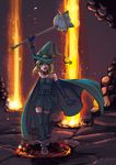  \m/ bad_id bad_pixiv_id blonde_hair boots cape collar elbow_gloves gloves green_eyes hat kaida_michi mace molten_rock original solo thighhighs weapon witch witch_hat 