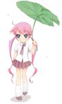  artist_request blue_eyes copyright_request leaf leaf_umbrella long_hair pink_hair solo twintails walking 