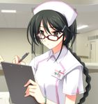  black_eyes black_hair braid chaos;head clipboard glasses long_hair non-web_source nurse pen shino_hazuki solo 