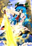  blue_hair food fruit hat highres hinanawi_tenshi long_hair peach ribbon shirosuzu solo sword sword_of_hisou touhou weapon 
