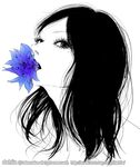  artist_name black_hair blue_flower copyright_request dahlia eyelashes flower flower_in_mouth long_hair looking_at_viewer mole mole_under_eye monochrome mouth_hold portrait simple_background solo spot_color takenaka watermark web_address white_background 
