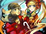  blonde_hair blue_eyes bonnet bow cane dress drill_hair frills holding holding_pipe kiseru kunkun long_hair otosume_ruiko pipe rozen_maiden shinku solo stuffed_animal stuffed_dog stuffed_toy 